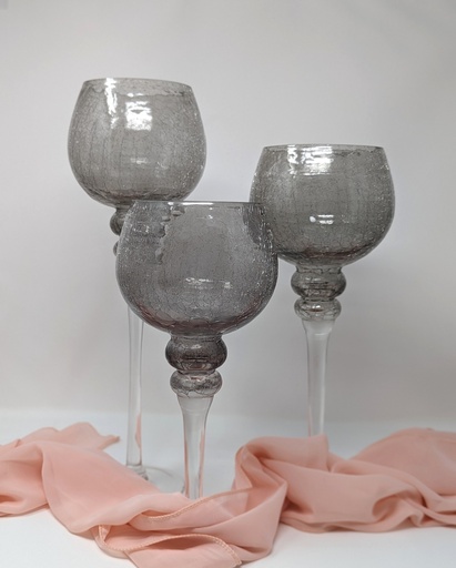[CANHOL-ROUND-GLASS-SMOKED/CRACKLE] Stemmed Smoked Candle Holder Set of 3