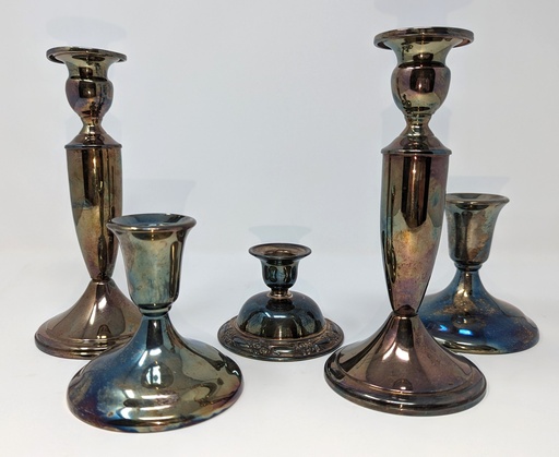 [CANHOL-PILLAR-METAL-ANTIGUE SILV] Antique Silver Pillar Candleholder Varied Sizes and Designs set of 5