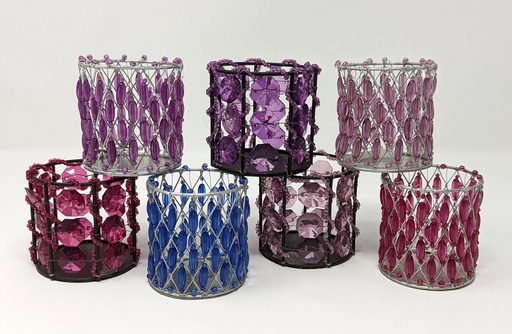 [CANHOL-VOT-METAL.BEAD-VARIOUS ] Assorted Jewel Toned Beads on Metal Votive Holder. Purple/Pink/Blue