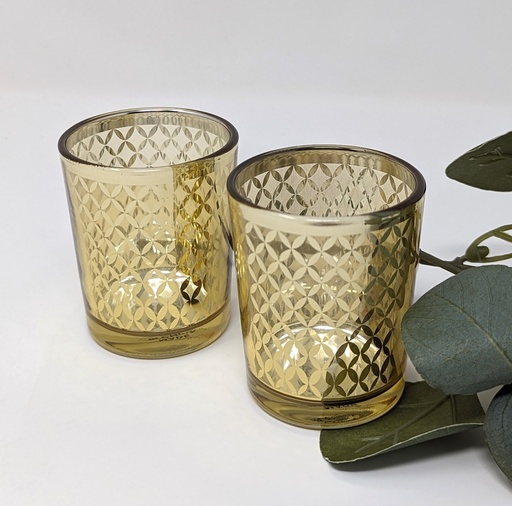 [CANHOL-VOT-GLASS-GOLD-DIAM] Gold Glass Votive with Diamond Design